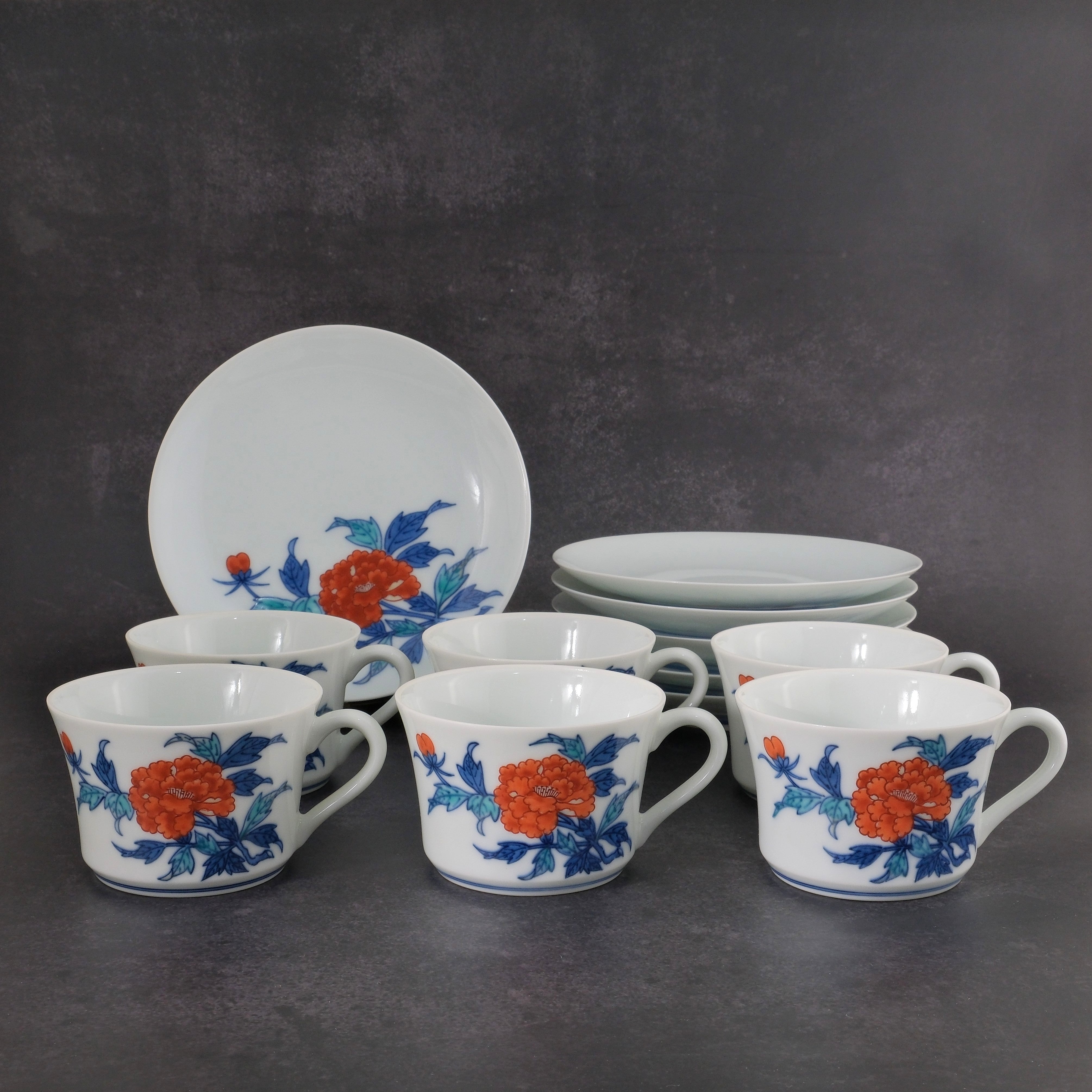 Botan(Peony) Teacup & Saucer Set Nabeshima Porcelain by the 13th Imaizumi Imaemon (1926-2001)