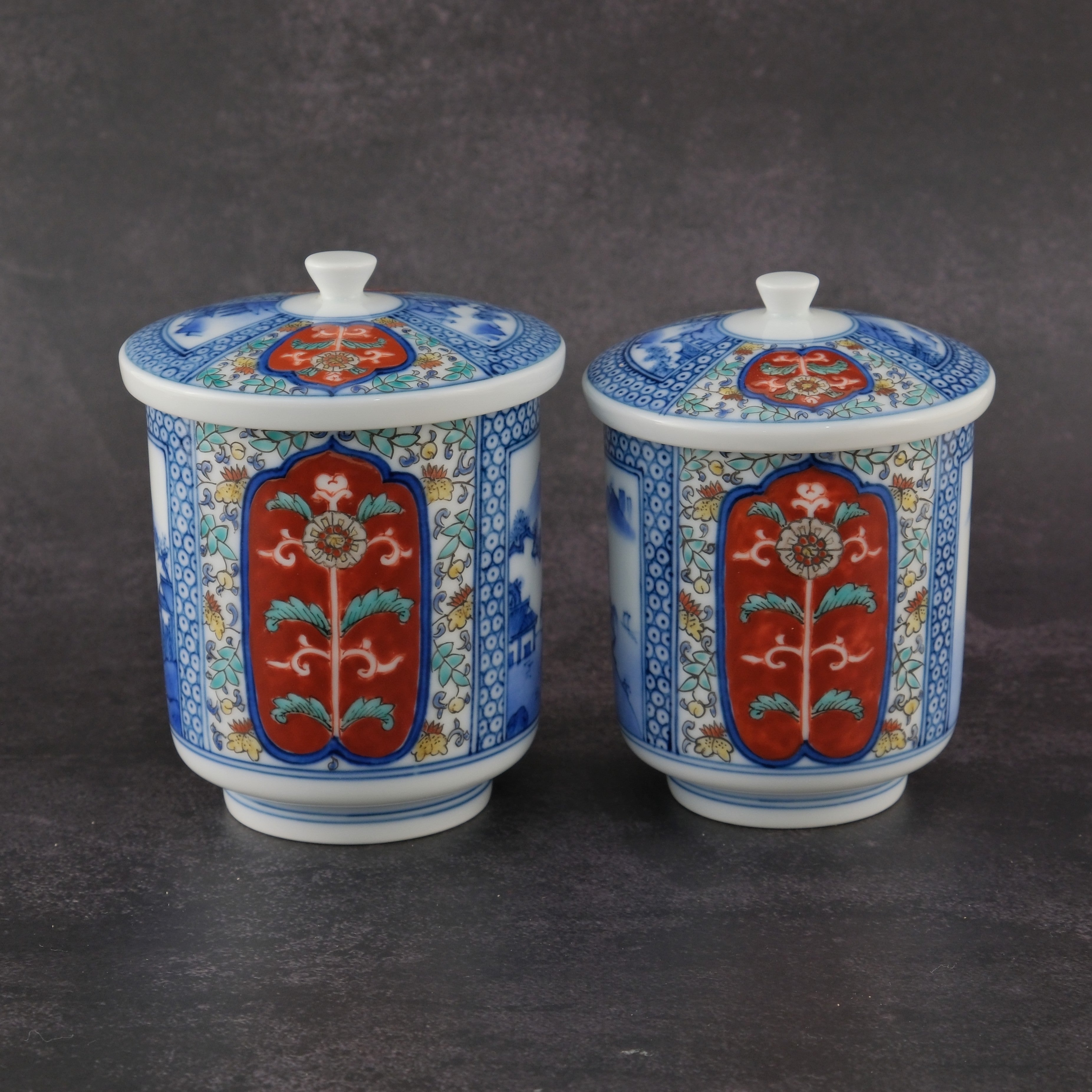 Pair of Yunomi Tea Cups with Landscape Ground Pattern by the 13th Generation Kakiemon