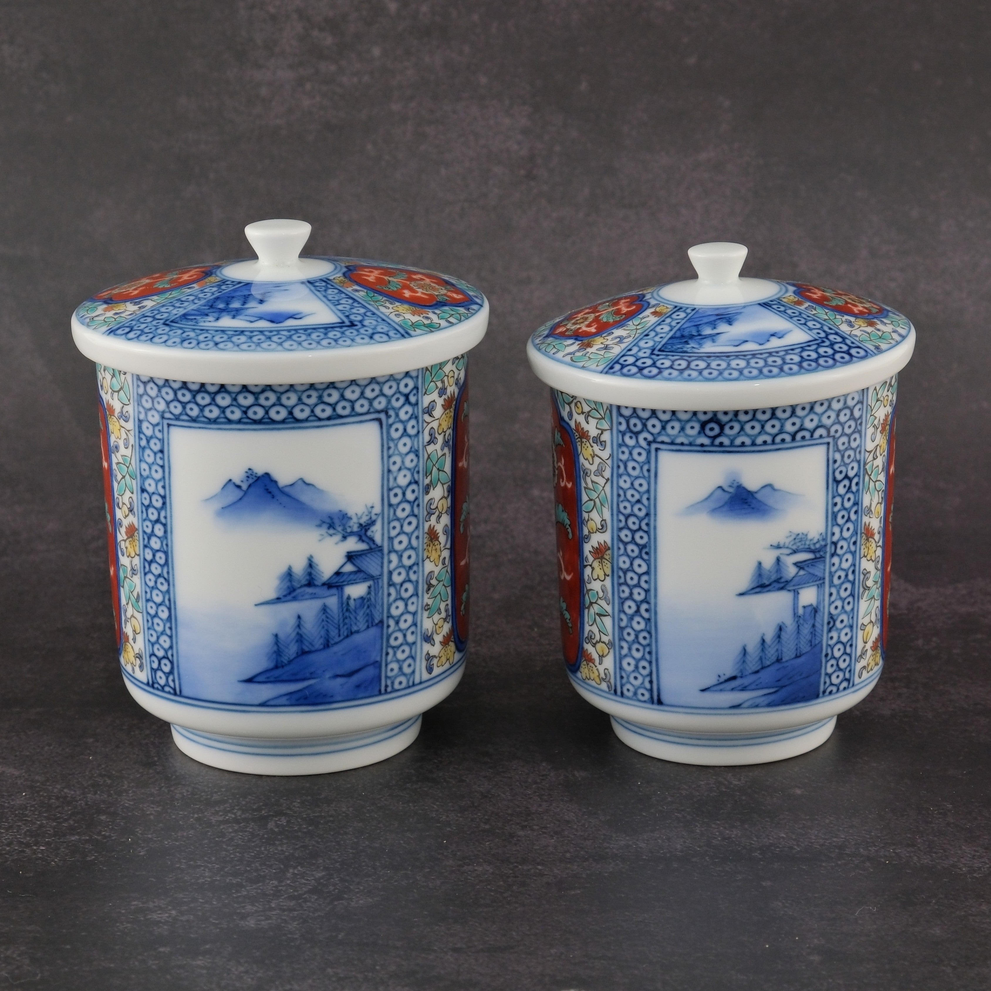 Pair of Yunomi Tea Cups with Landscape Ground Pattern by the 13th Generation Kakiemon