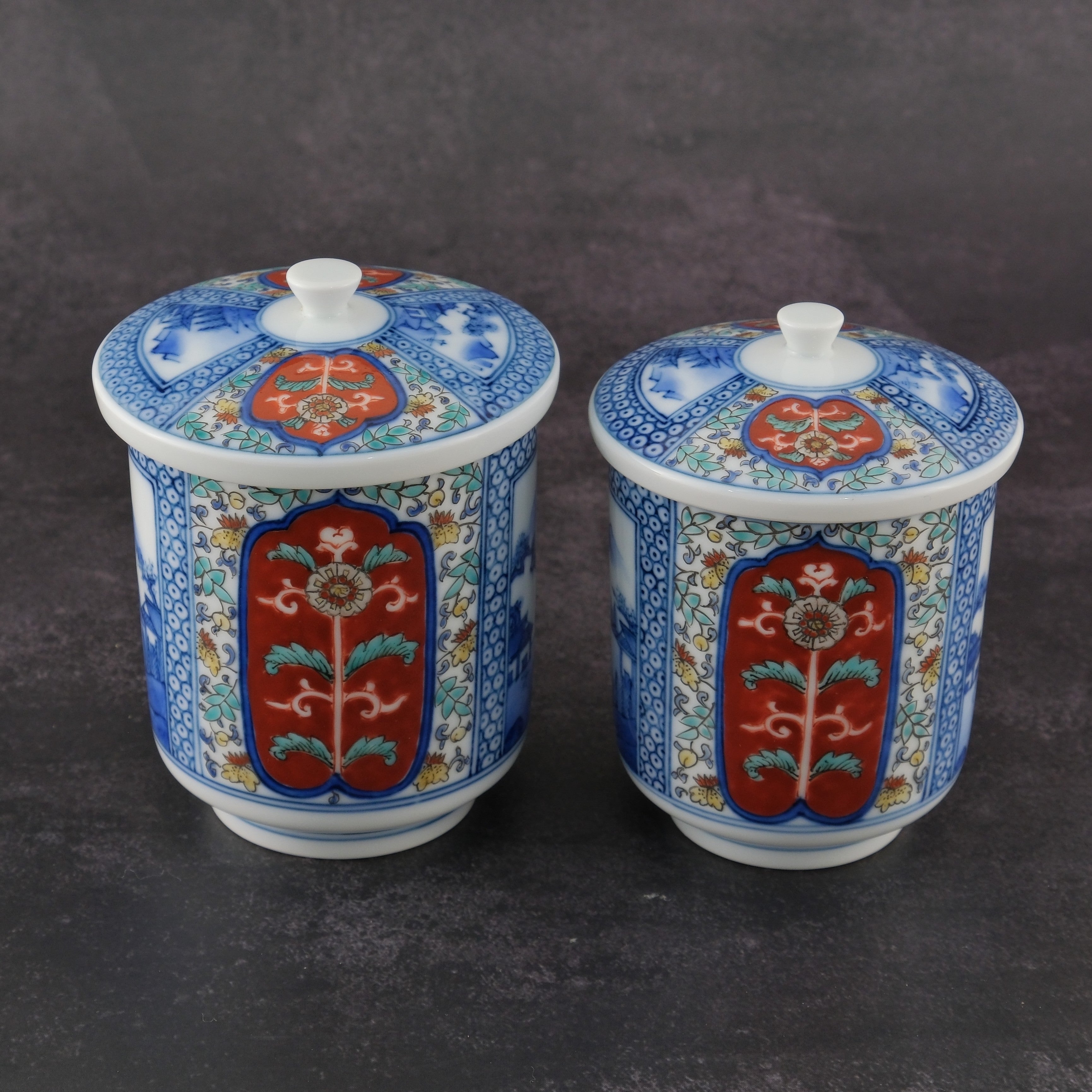 Pair of Yunomi Tea Cups with Landscape Ground Pattern by the 13th Generation Kakiemon