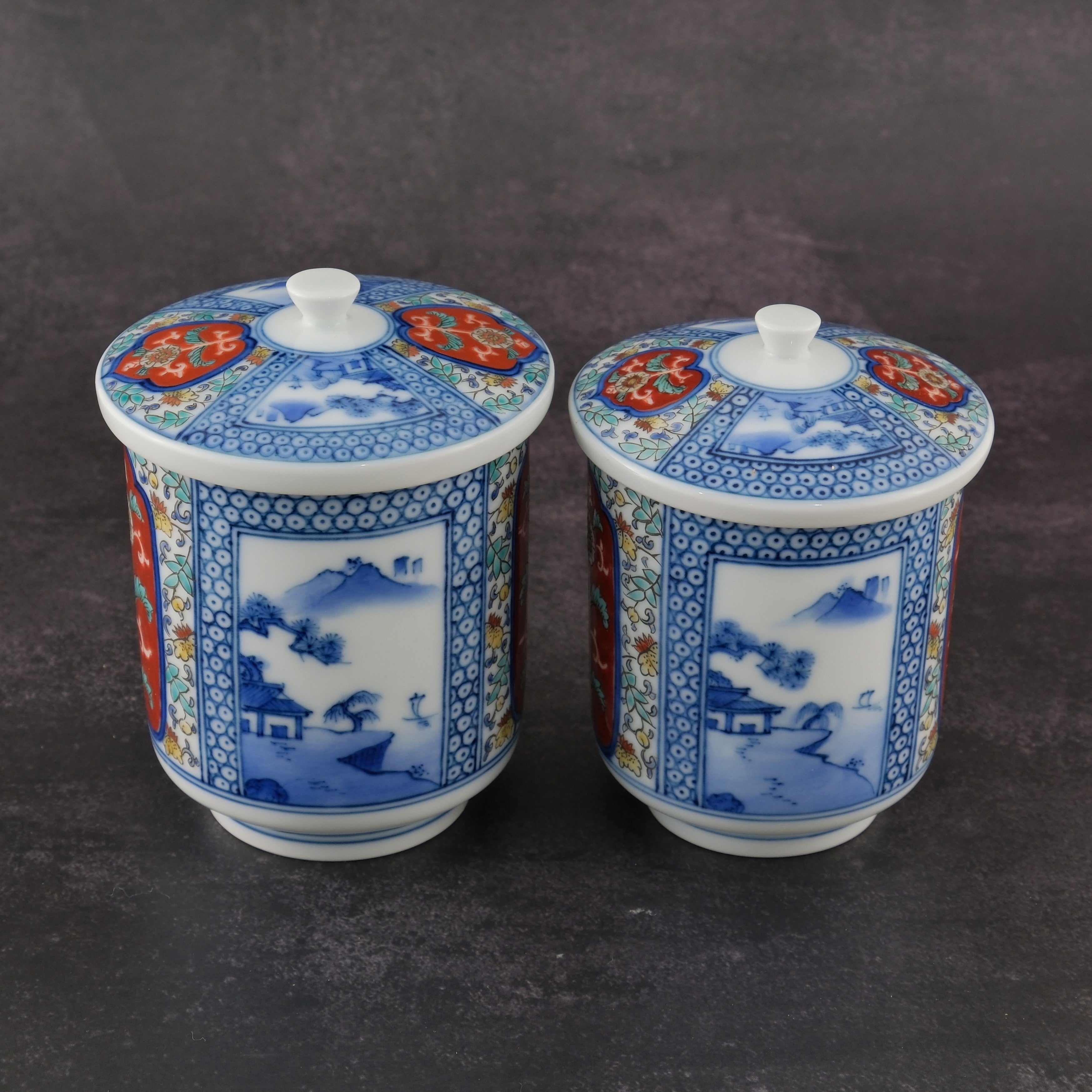 Pair of Yunomi Tea Cups with Landscape Ground Pattern by the 13th Generation Kakiemon