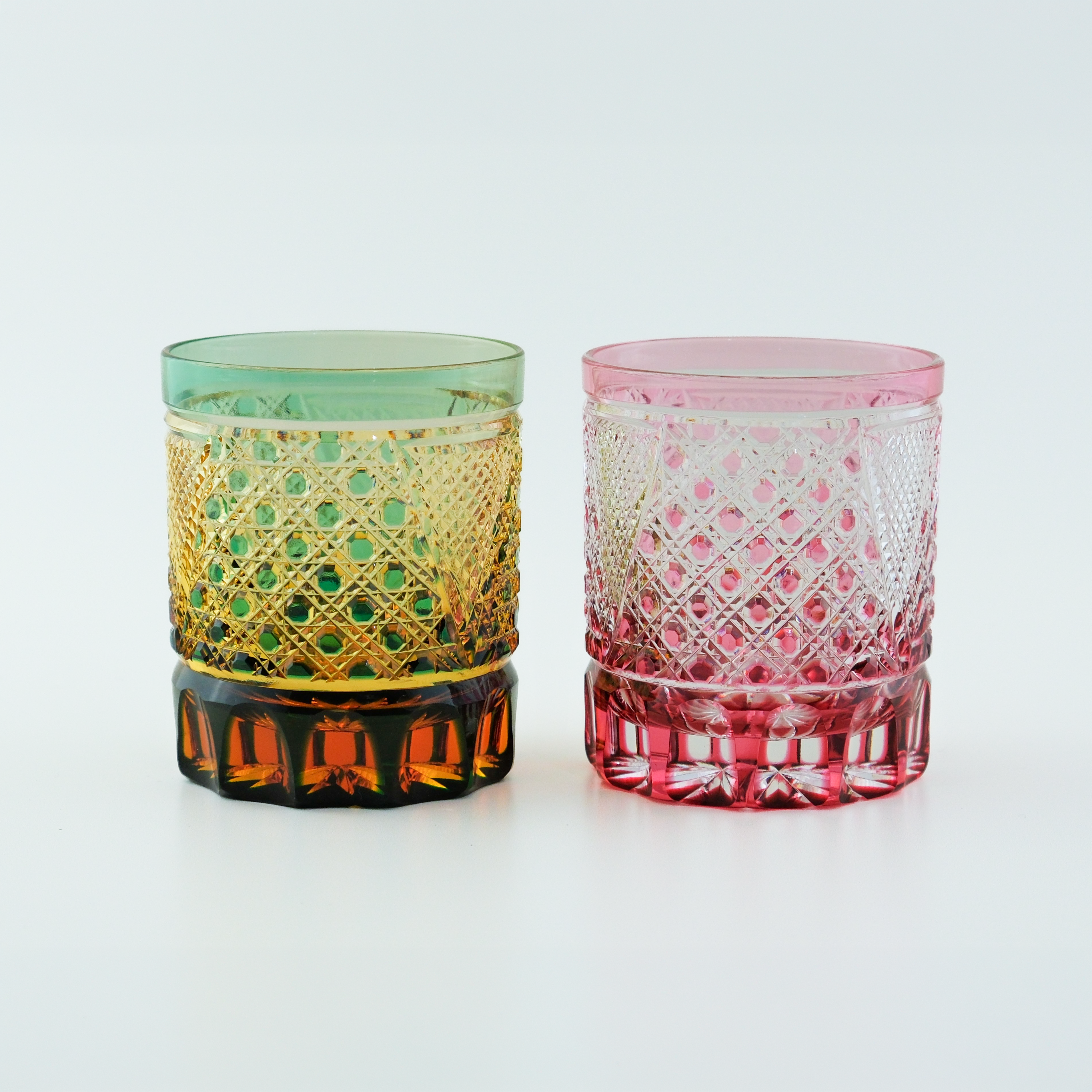 Edo Kiriko “Octagonal Kagome” Pair Tumbler Set – Pink & Green