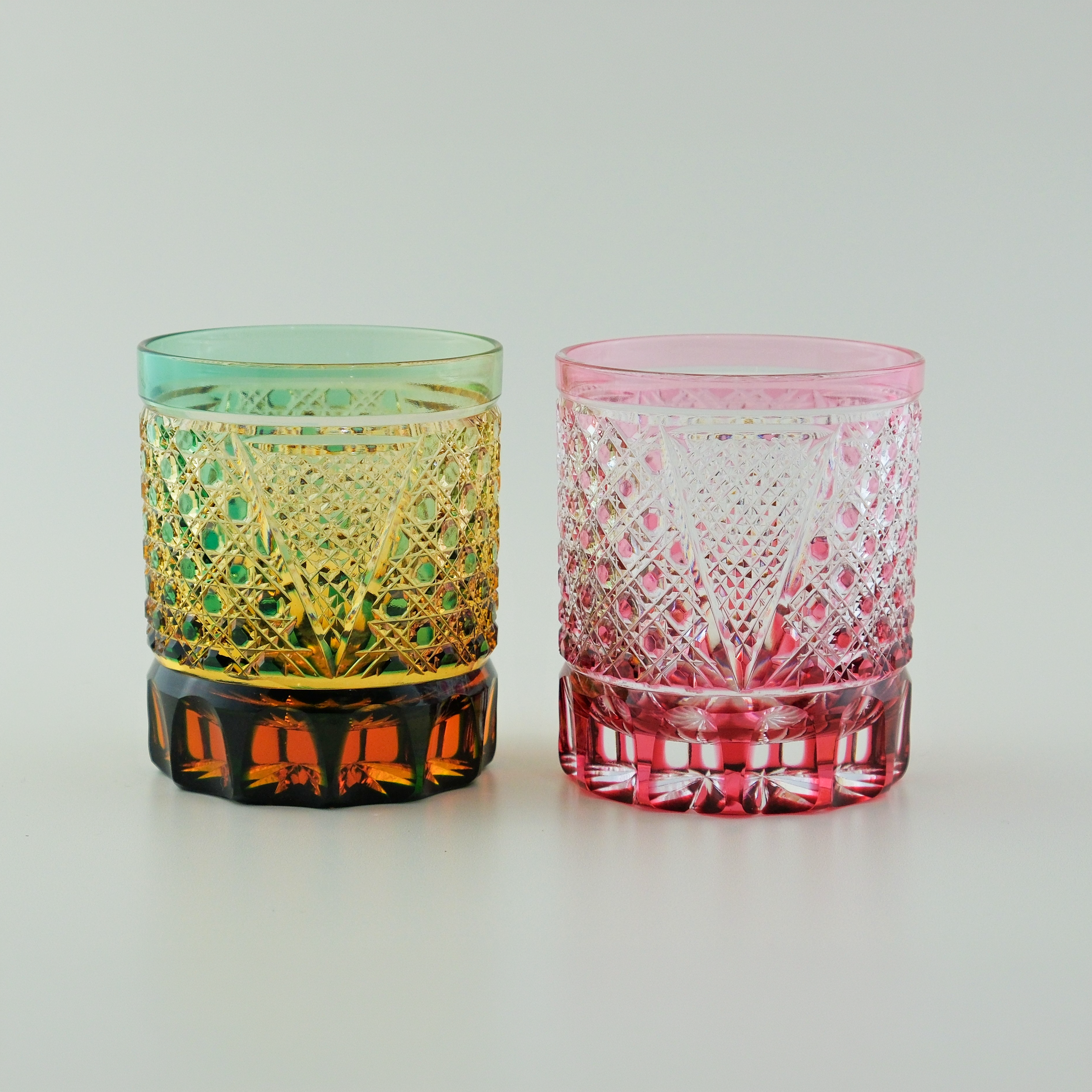 Edo Kiriko “Octagonal Kagome” Pair Tumbler Set – Pink & Green