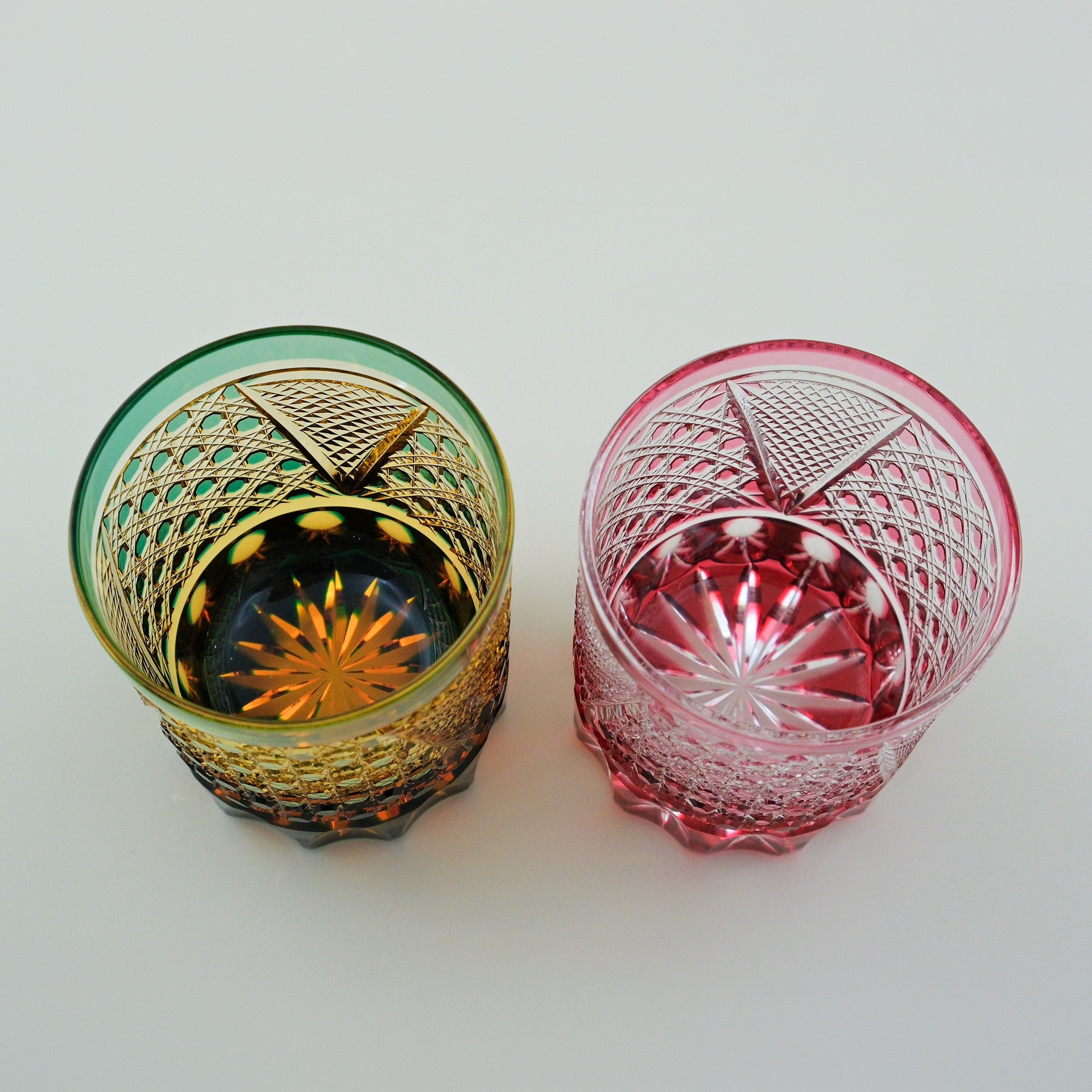 Edo Kiriko “Octagonal Kagome” Pair Tumbler Set – Pink & Green