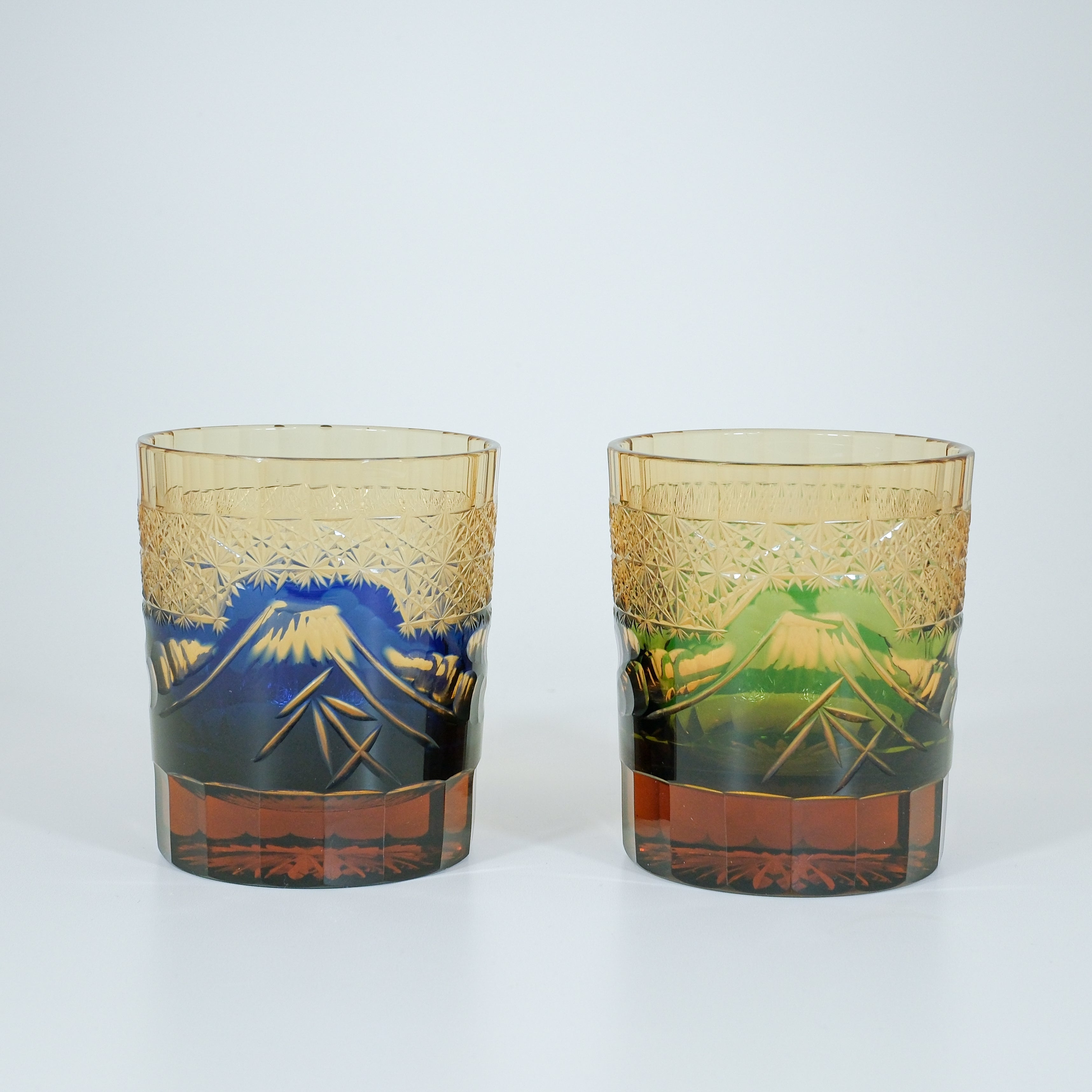 KIRIKO “Mt. Fuji & Kiku-Tsunagi” Crystal Tumbler  – Blue & Amber