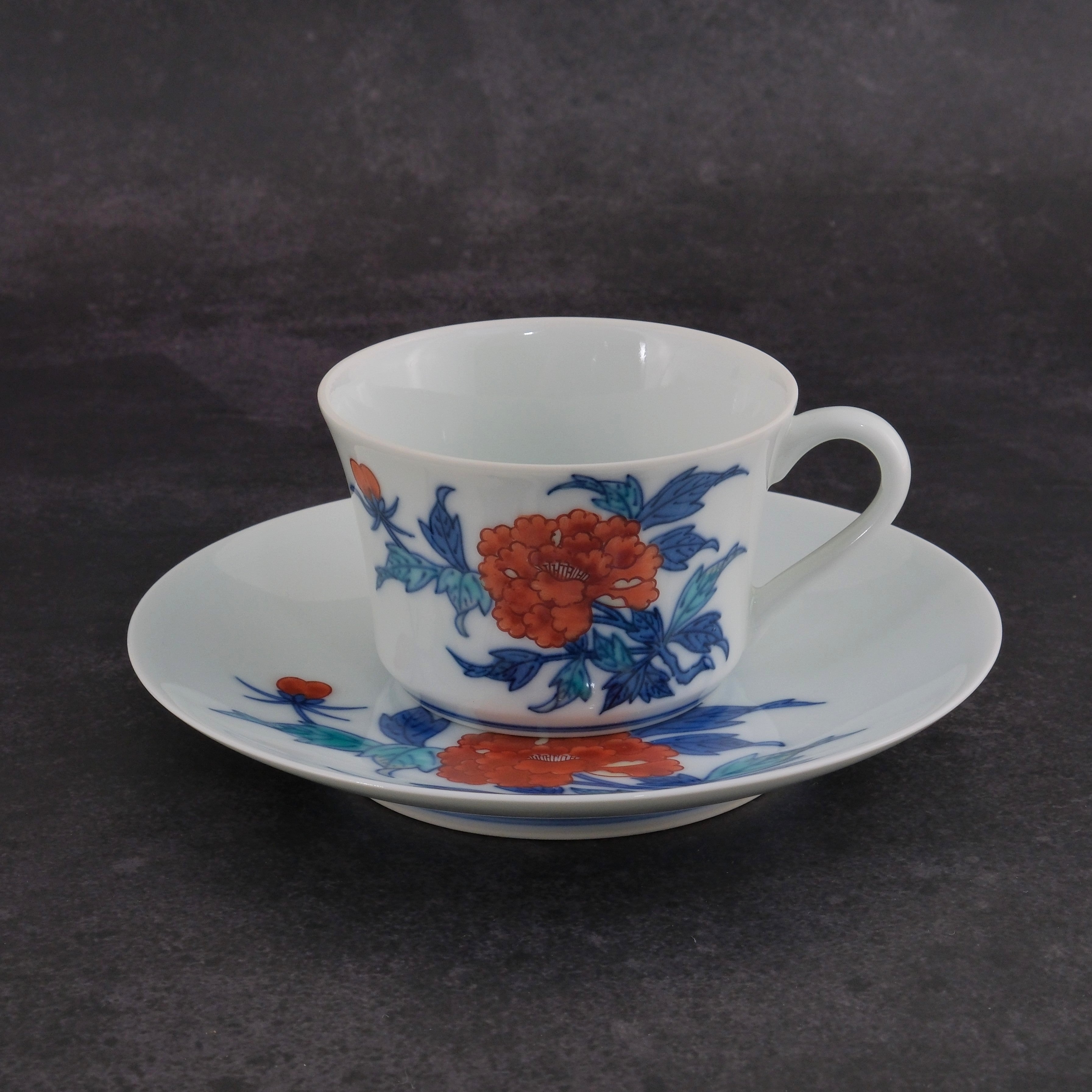 Botan（Peony） Teacup & Saucer Set Nabeshima Porcelain by the 13th Imaizumi Imaemon (1926-2001)